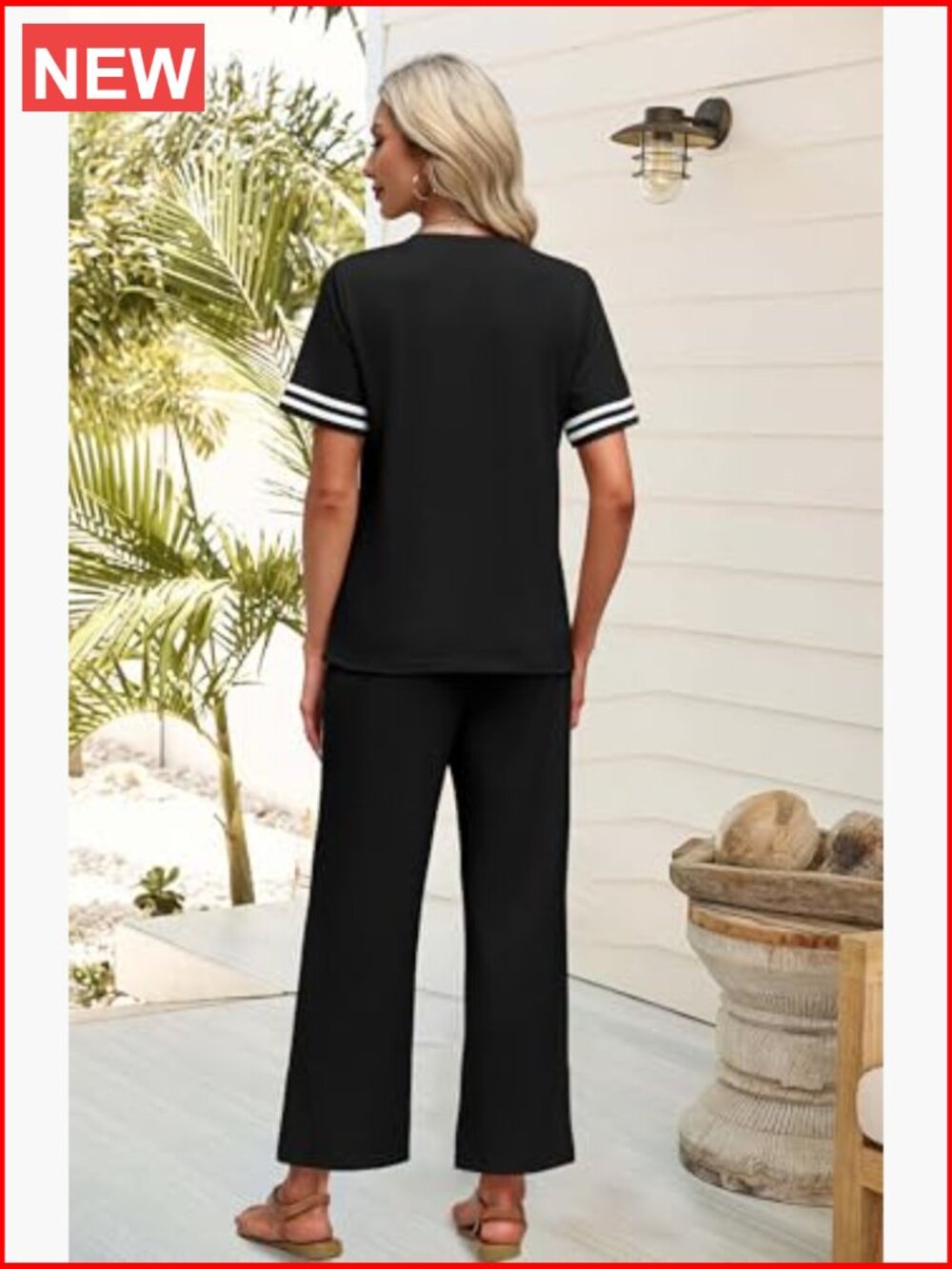 Two Piece Lounge Set Short Sleeve Top Wide Leg Pants Travel Outfits - Picture 3 of 6